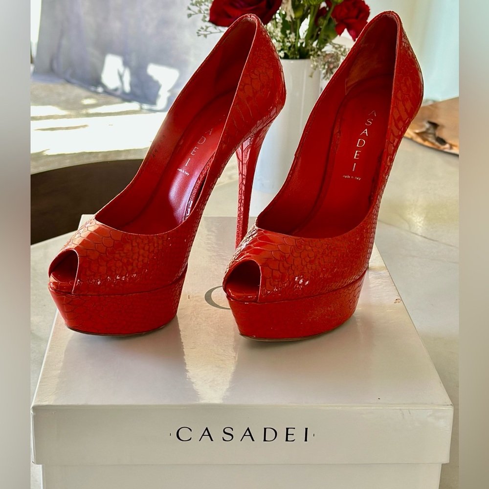 Casadei Fiery Orange Snake Skin Peep-Toe Heels